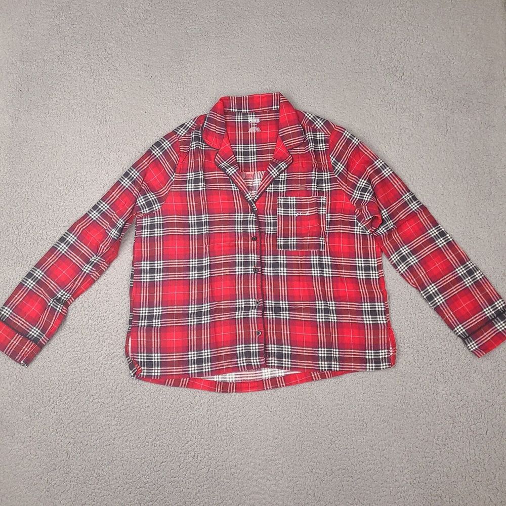 PINK Victoria's Secret Shirt Womens Medium Red Plaid Button Up Pajama Top‎